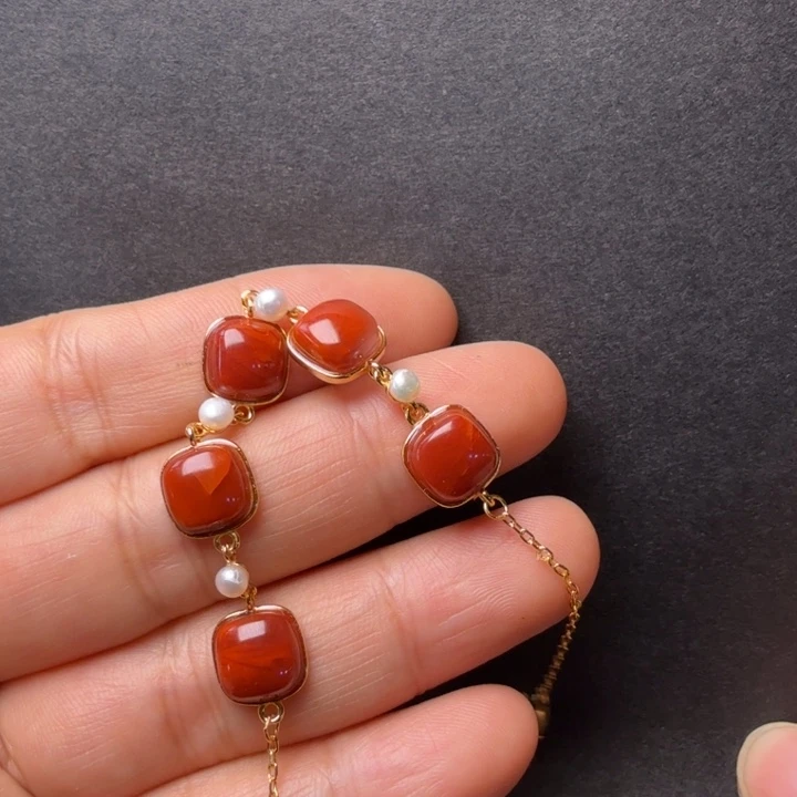 南红玛瑙银S925镀金镶嵌手链