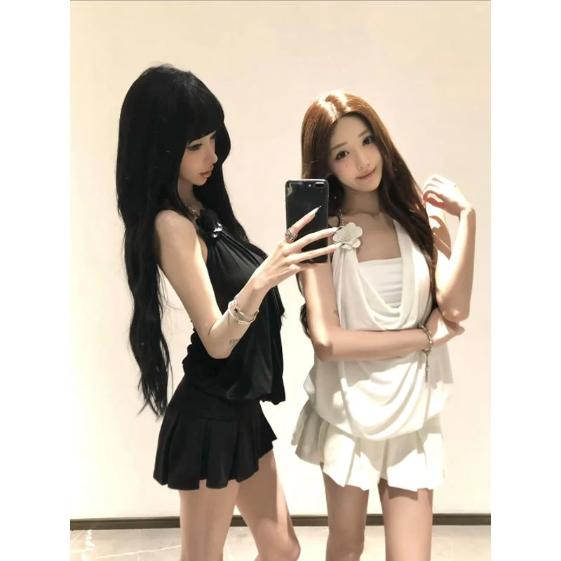 山茶花荡领挂脖无袖性感气质千禧辣妹风上衣配显瘦高腰半身裙套装