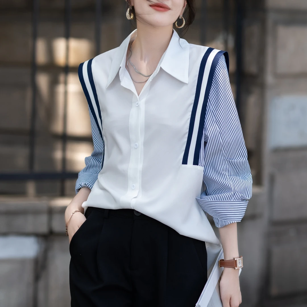 法式撞色长袖衬衫2025开春新款气质法式小姨风穿搭百搭条纹衬衣女