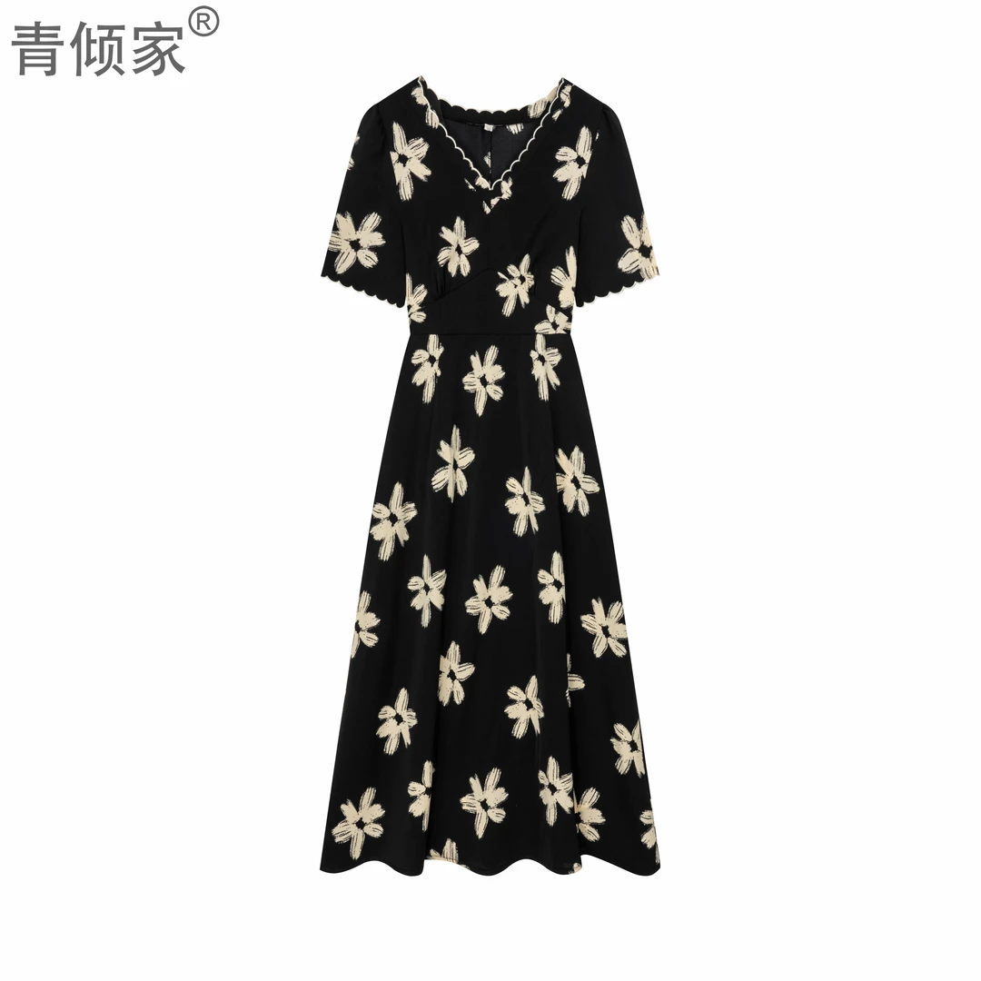 青倾家【繁花协奏】法式气质时尚气质领收腰显瘦碎花连衣裙长裙裙子
