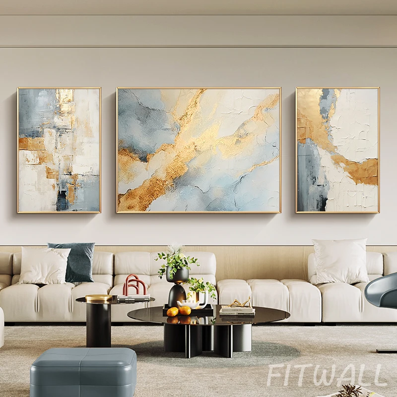 《云海鎏金》手绘油画现代轻奢客厅沙发背景墙挂画抽象装饰画三联