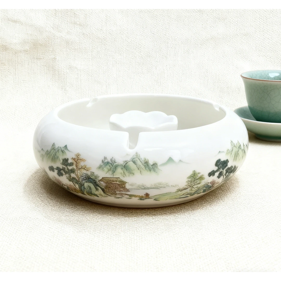 KK茗香瓷器 羊脂玉瓷游春山水陶瓷烟灰缸Y-582