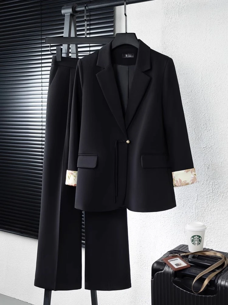 大码新中式西服套装女春季新款时尚休闲国风西装外套阔腿裤俩件套