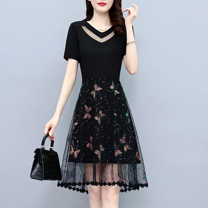 DA#0923 大码女装胖mm刺绣时尚洋气修身显瘦短袖连衣裙夏季新款