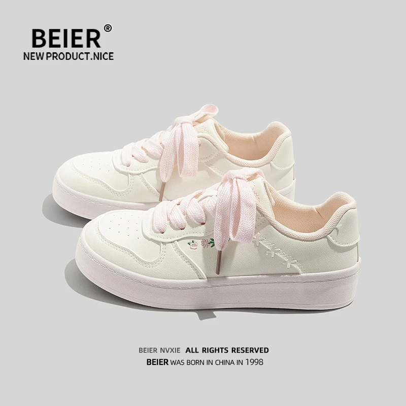 BEIER厚底刺绣学生小白鞋百搭女鞋2025秋季新款运动休闲板鞋6900