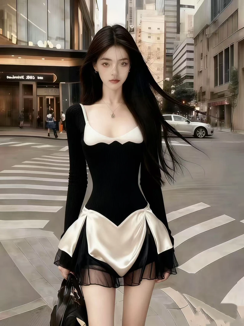 时尚氛围感甜美少女风撞色设计感U领长袖修身短款拼接小众连衣裙