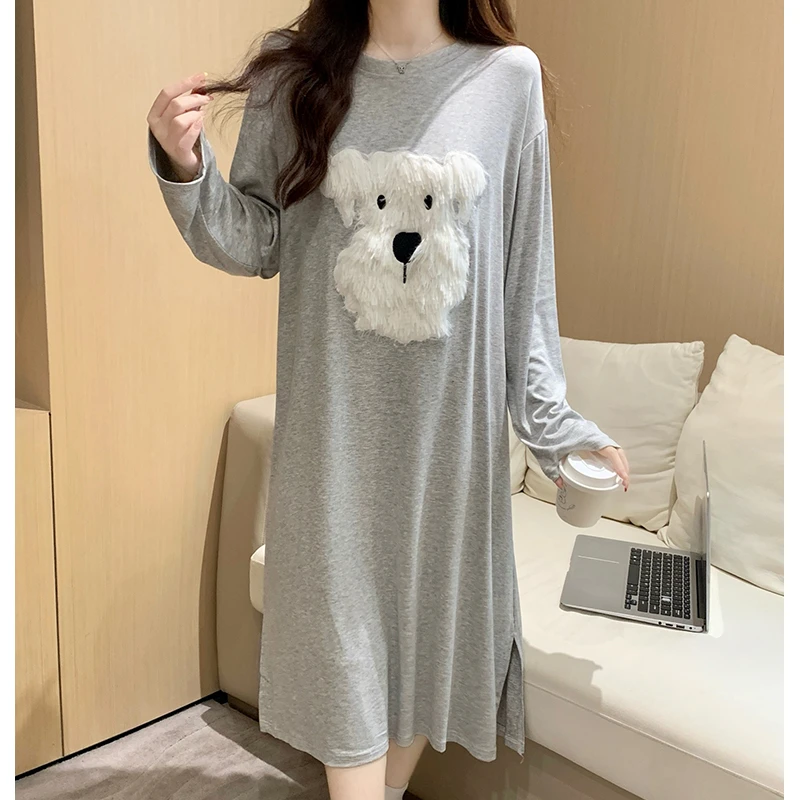 睡裙女款春秋季性感宽松大码休闲时尚毛绒小狗长袖过膝中长裙睡衣