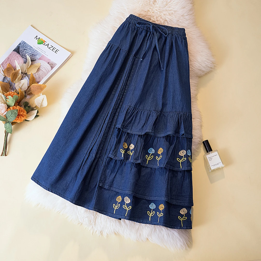大码2025a字裙胖妹妹高腰设计感中长款牛仔半身裙女A字牛仔裙秋季