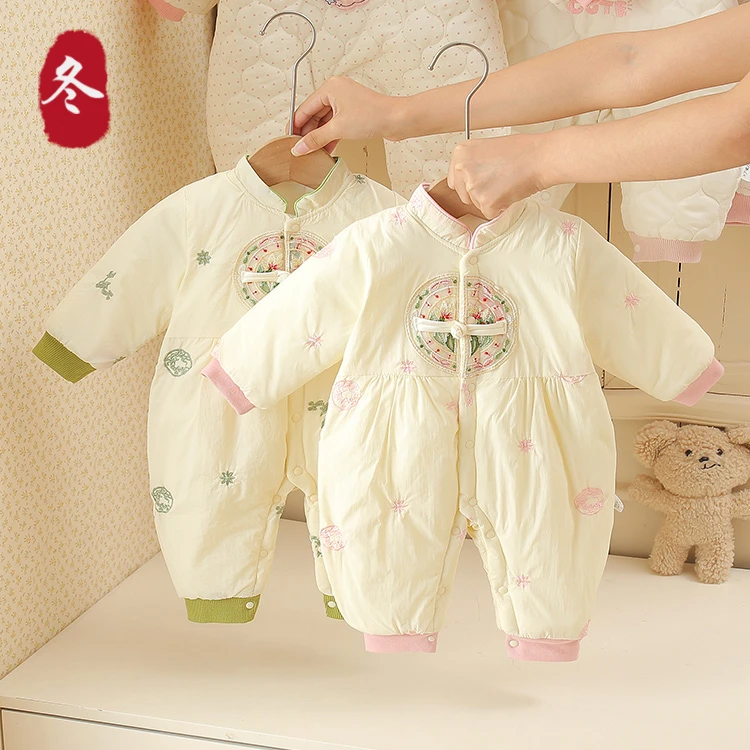 新款加厚夹棉加绒秋冬款哈衣连体衣外出服哈衣宝宝婴儿新中式爬服