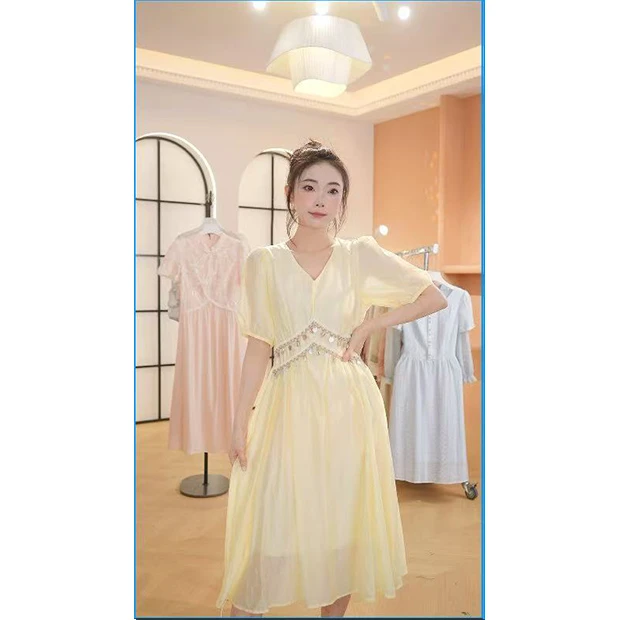 L5005新款法式高级设计褶皱连衣裙夏季2025收腰气质显瘦长裙裙子