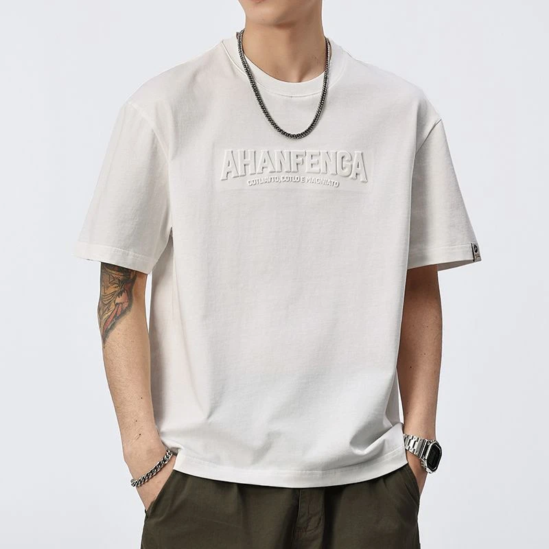 薄款夏季短袖立体钢印休闲T恤白色休闲ins打底衫潮流半袖圆领男士