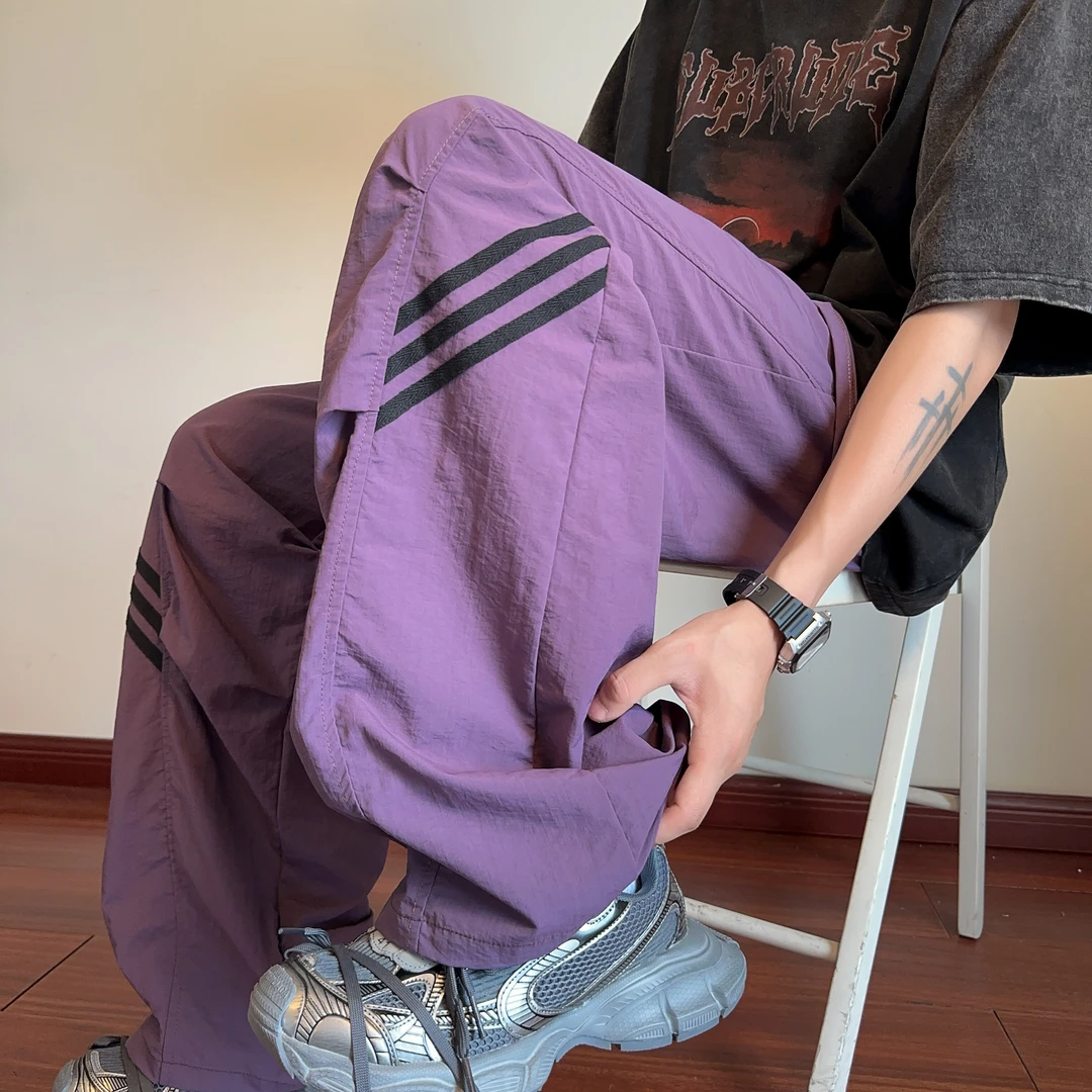 乌梅紫三条杠速干冰丝裤男女同款夏季美式机能设计感薄款休闲裤潮