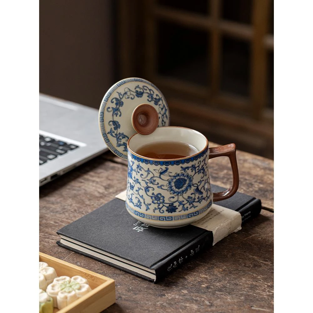 FAVMARTHA汝窑青花缠枝莲马克杯陶瓷带盖茶杯办公室水杯大容量喝