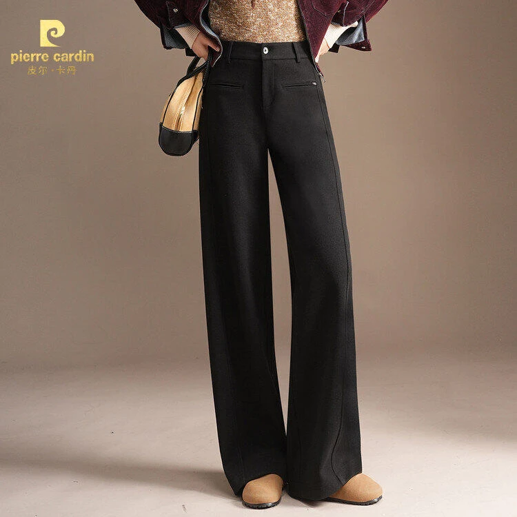 皮尔卡丹秋冬女士休闲时尚高腰绵羊毛阔腿裤外穿百搭垂感大码毛呢