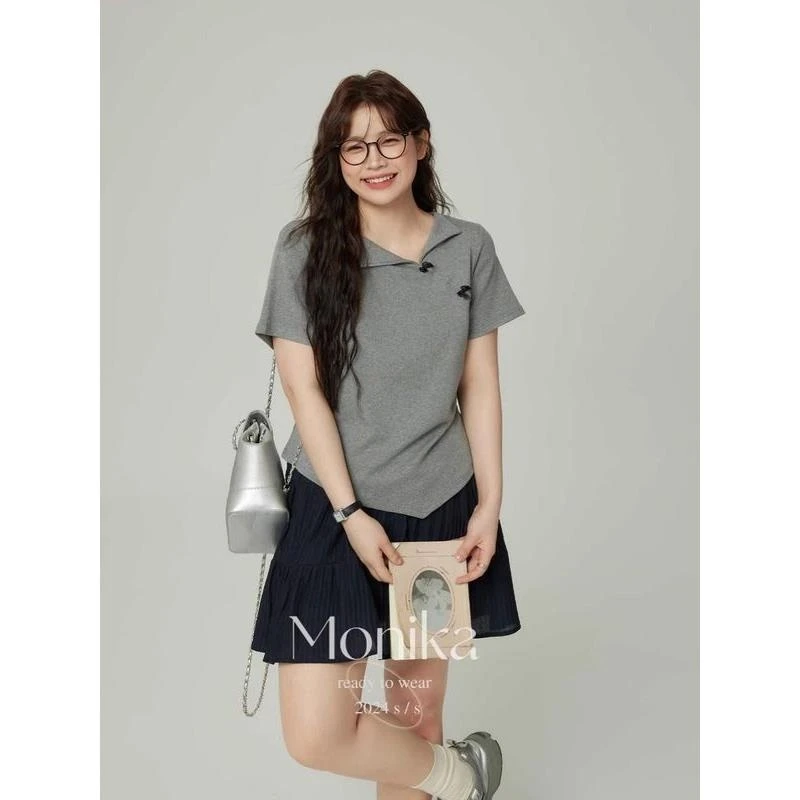 300斤特大码女装不规则短袖T恤2025夏季新款胖mm正肩T恤翻领上衣