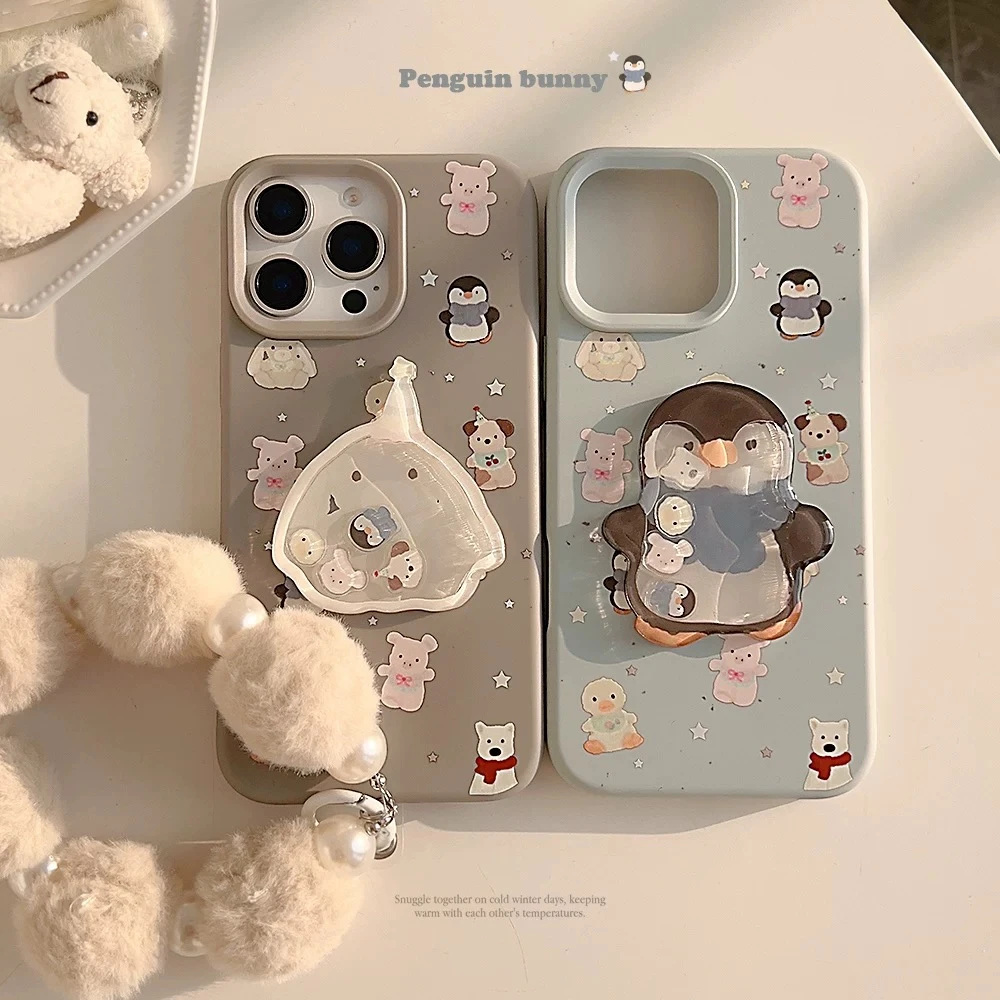 可爱企鹅兔子立体摇摇乐16手机壳苹果15promax软壳14适用13毛绒绳