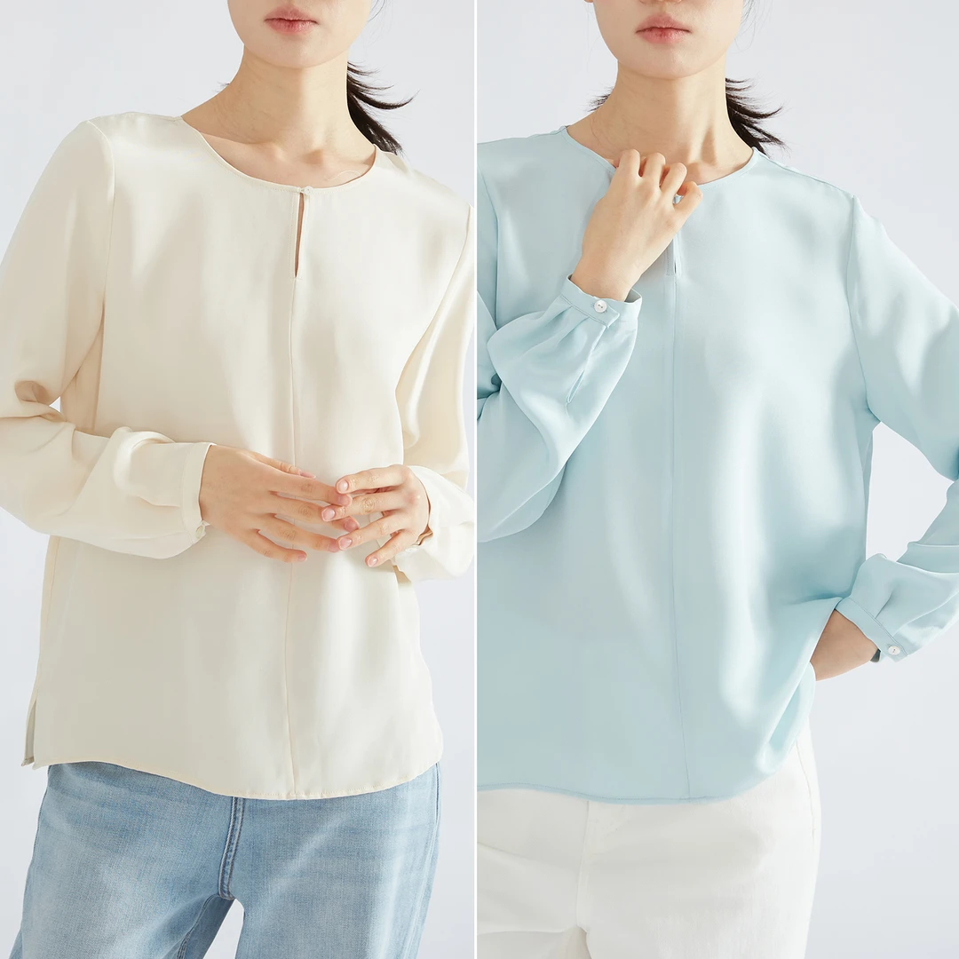 SILVIYE重绉30姆米真丝长袖上衣休闲T恤女100桑蚕丝衬衣春 SYD180