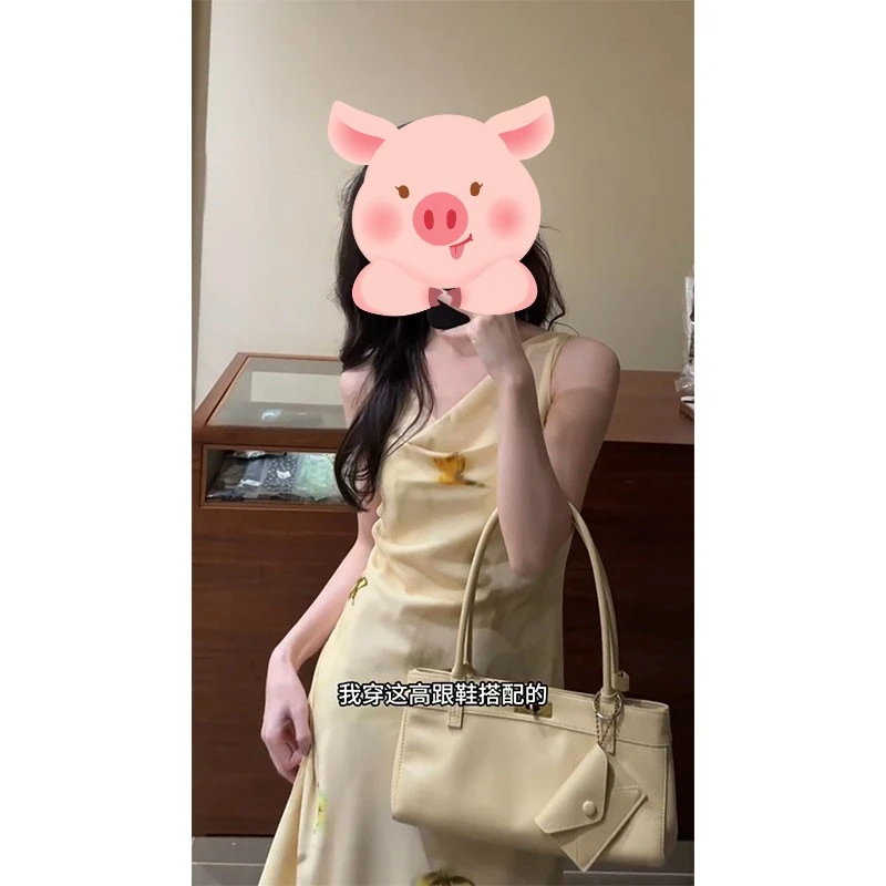 黄色印花无袖荡领小众设计感掐腰连衣裙独特漂亮裙子温柔韩系气质