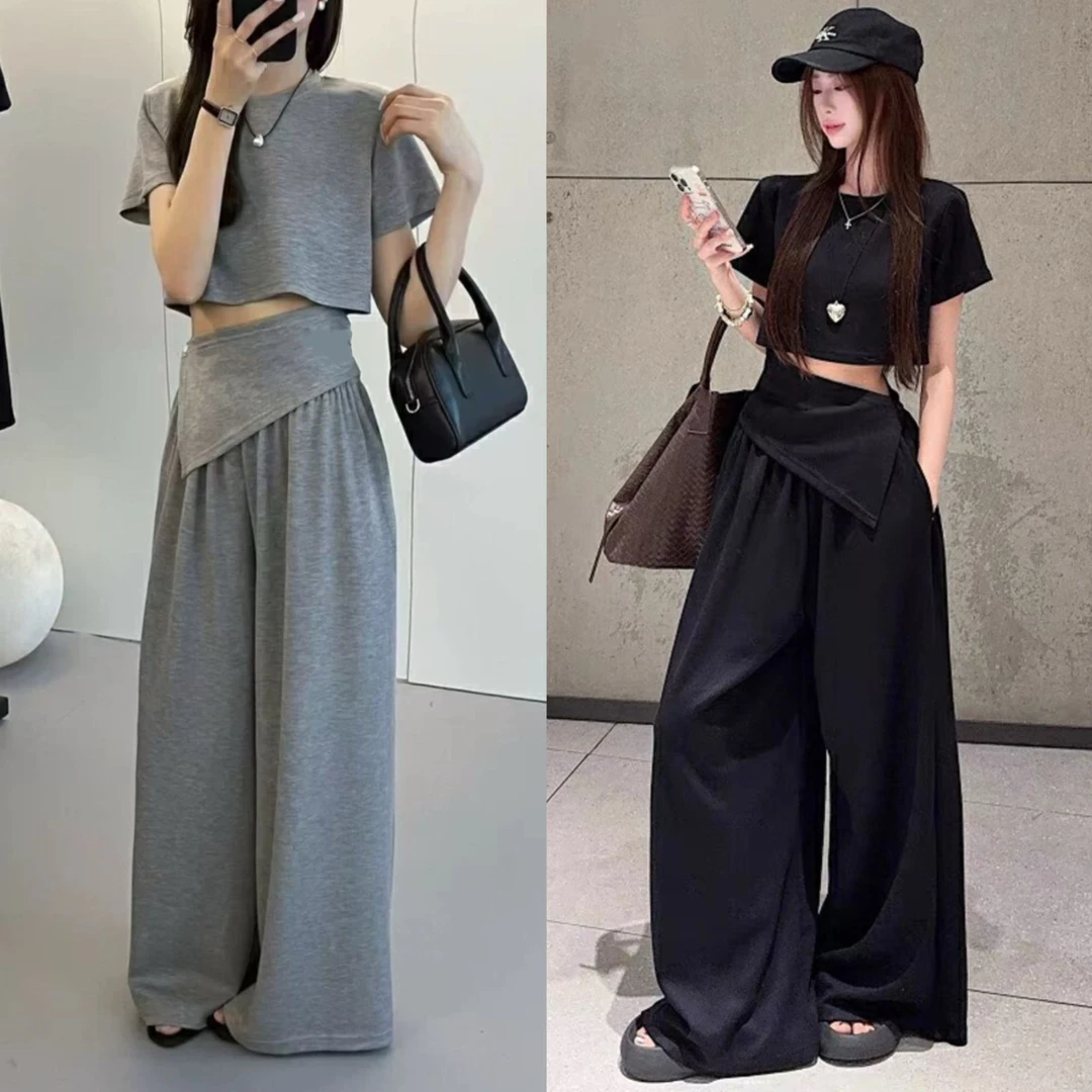 2025年夏韩版简约休闲百搭时尚减龄纯色设计感套装气质显瘦A1328