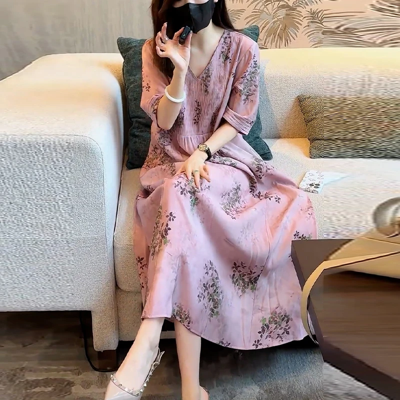 名媛淑女风碎花连衣裙女2025夏季新款长裙宽松显瘦时尚遮肉裙子女