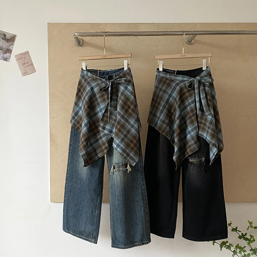 2025年秋季新款韩版时尚chic简约百搭宽松阔腿牛仔裤+屁帘两件套