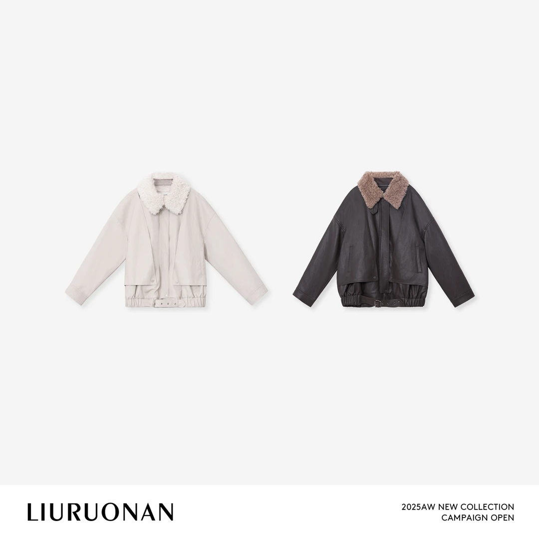 LIURUONAN 25WIN【可拆卸皮衣】鹅绒内胆毛领拼接机车风显瘦短外套