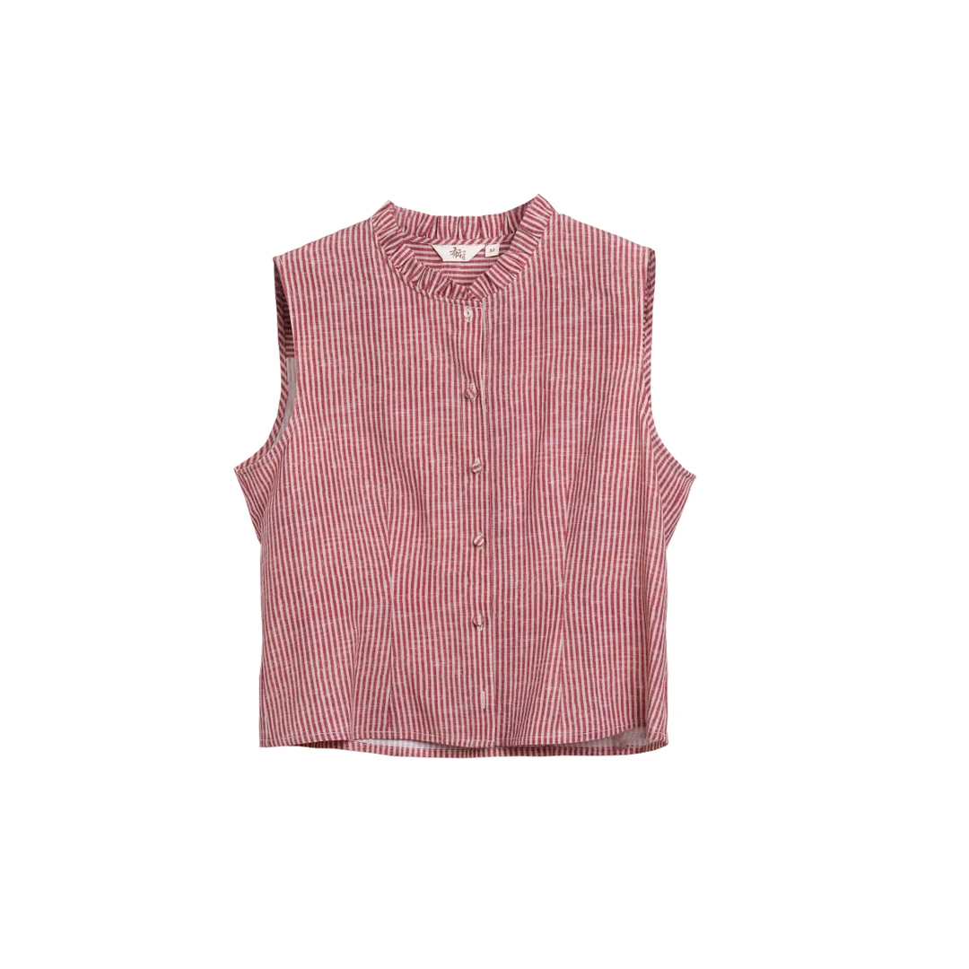 布符2025年春季新款经典红条纹木耳边无袖上衣日常修身女装MCCX41