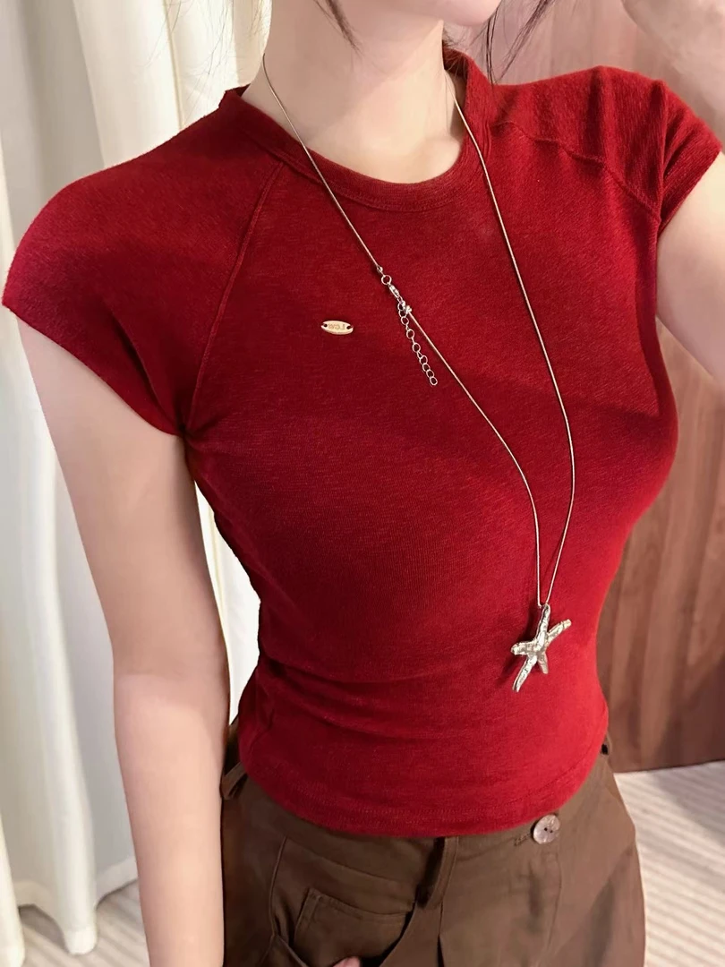 性感短款短袖甜辣流光风秋季半高领T恤百搭女红色#9851