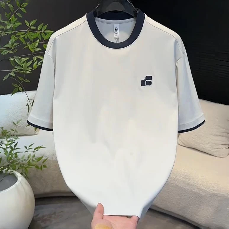 金狐狸夏季新款潮牌刺绣圆领短袖男简约高档时尚撞色假两件百搭休