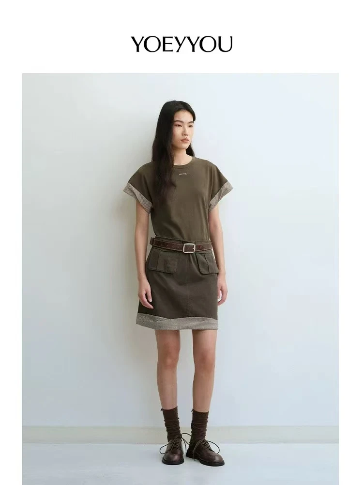 YOEYYOU休闲盖袖T恤女25春夏新品小众设计简约圆领撞色短袖上衣
