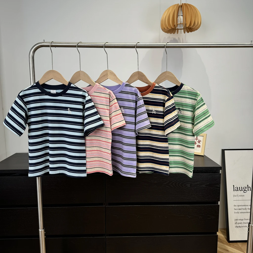 25夏季新款纯棉弹力条纹短袖T恤中大男童女童休闲小衫打底衫8016