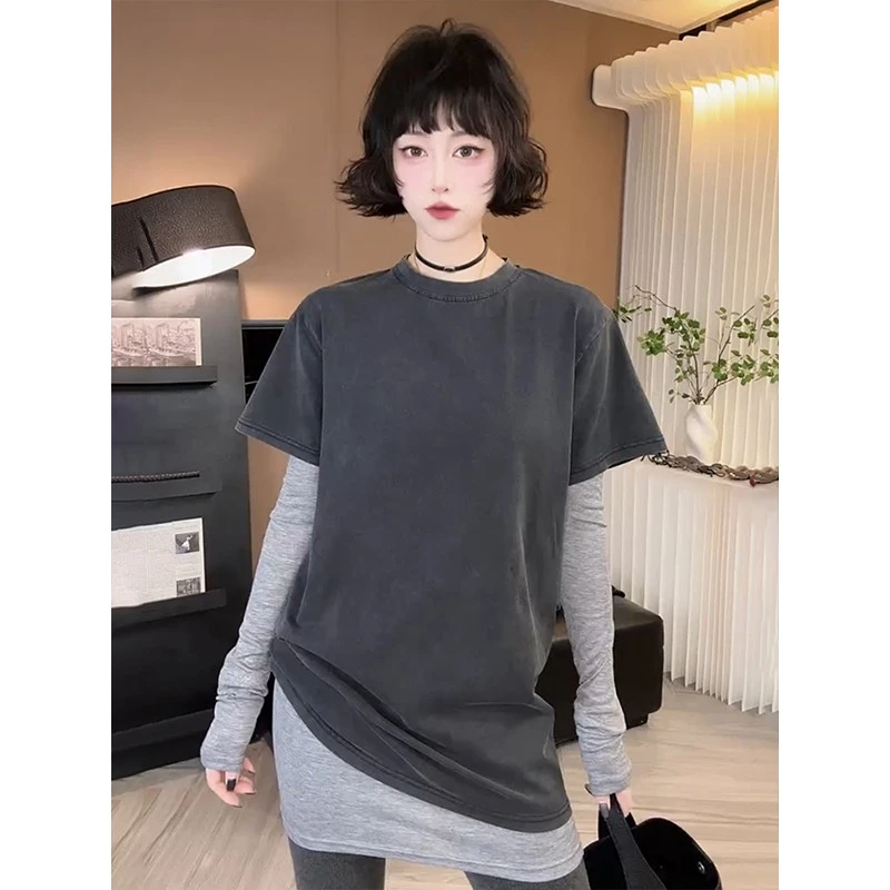 高级感叠穿长袖T恤女早春2025新款防晒罩衫夏中长款两件套上衣潮