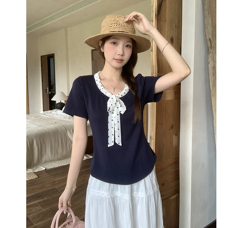 2025夏装新款胖mm大码女优雅气质波点系带蝴蝶结坑条短袖T恤A2099