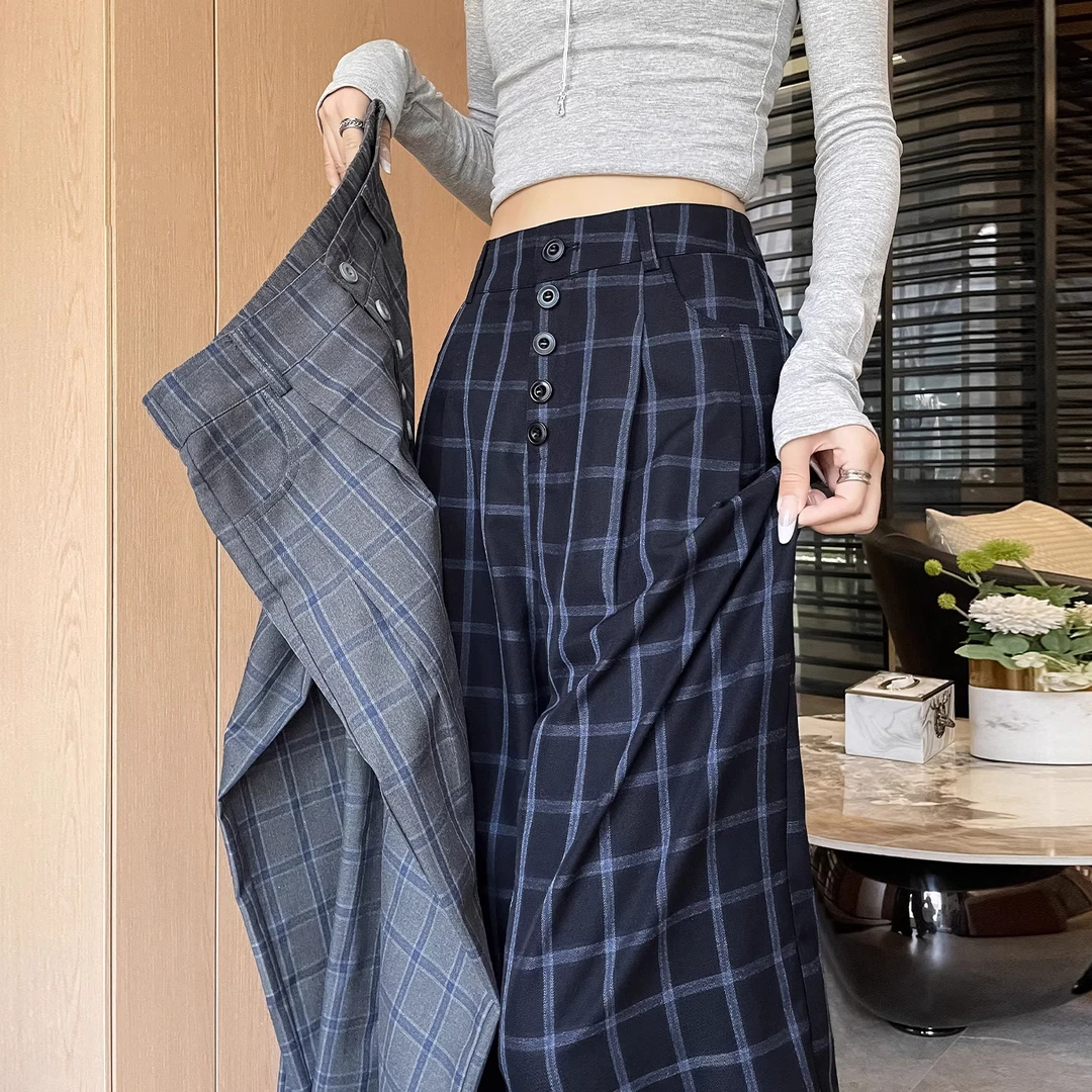 美式复古格子阔腿裤女春秋2025新款高腰垂感显瘦慵懒感直筒休闲裤