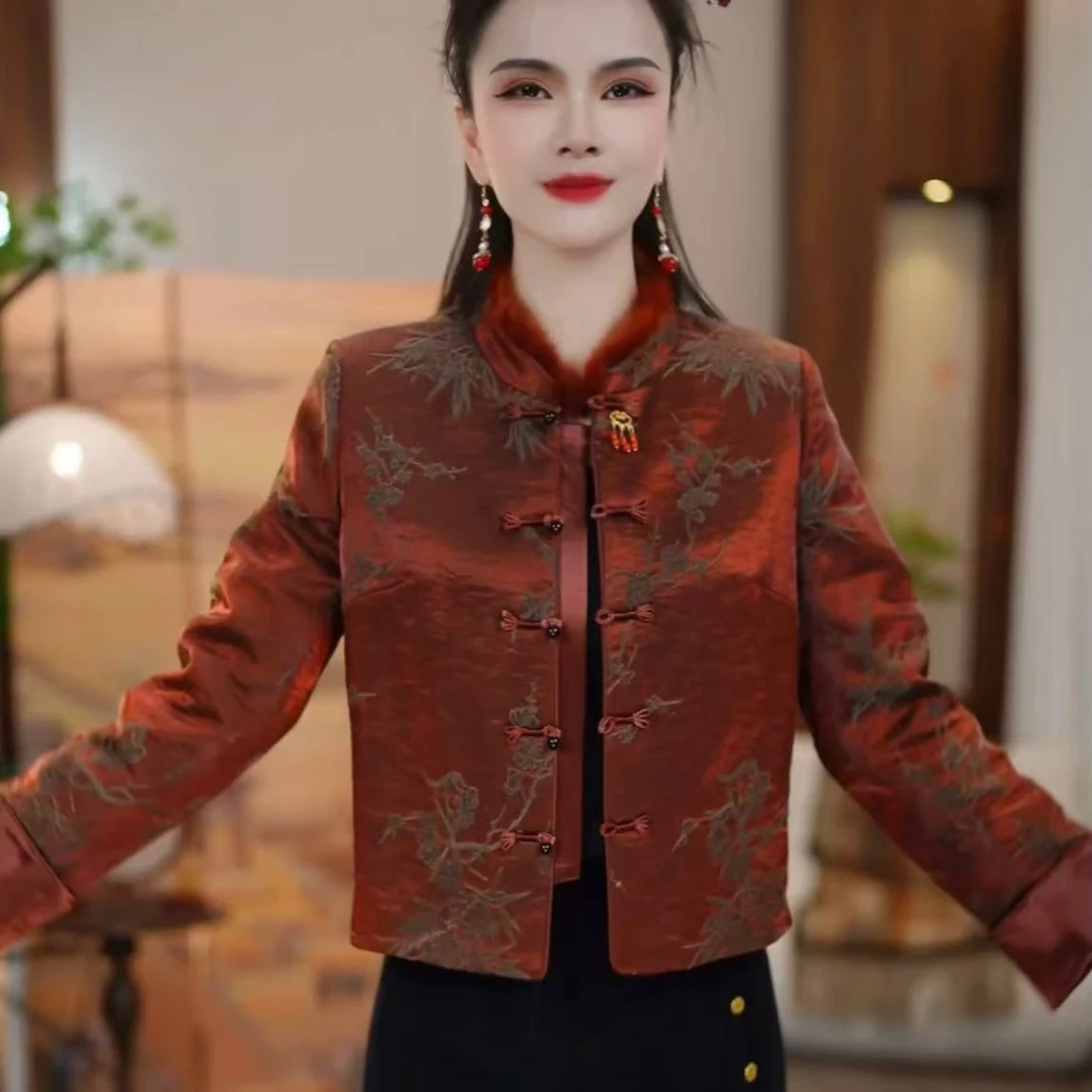 【外套】天丝丝绒冬季新款新中式花鸟纹国风保暖气质时尚短款外套