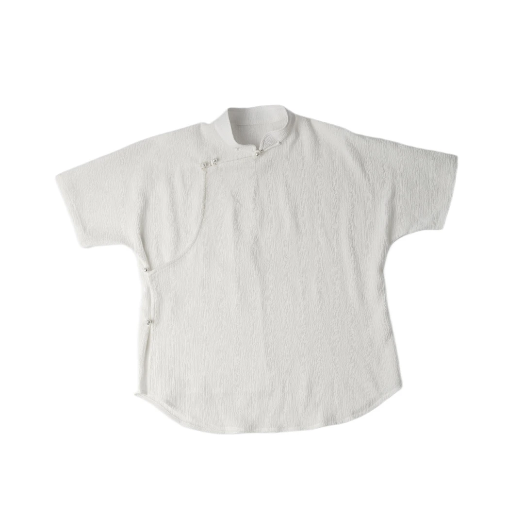 『云隙』薄款透气夏季马衫短袖蒙古门襟打底时尚短款上衣立领