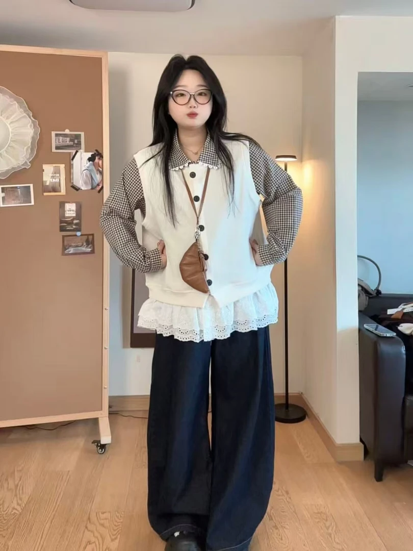 2025秋季新款大码女装韩系减龄甜米风花边格子长袖衬衫单排扣马甲