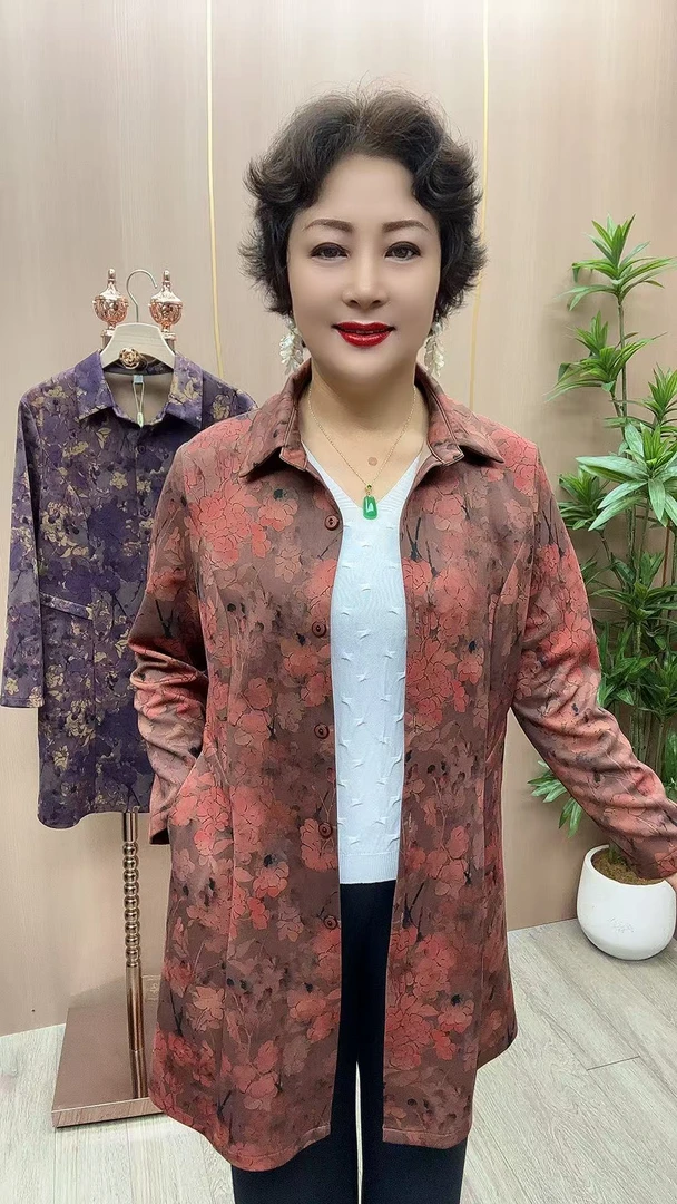 CF#5823长袖  衣长84 中老年女装 秋季中长款时尚风衣外套