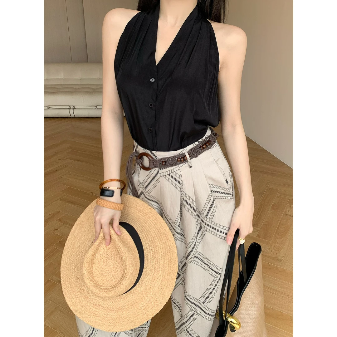 JIJINQI时尚气质显瘦黑色V领百搭设计感无袖通勤上衣JD03SZPT1136