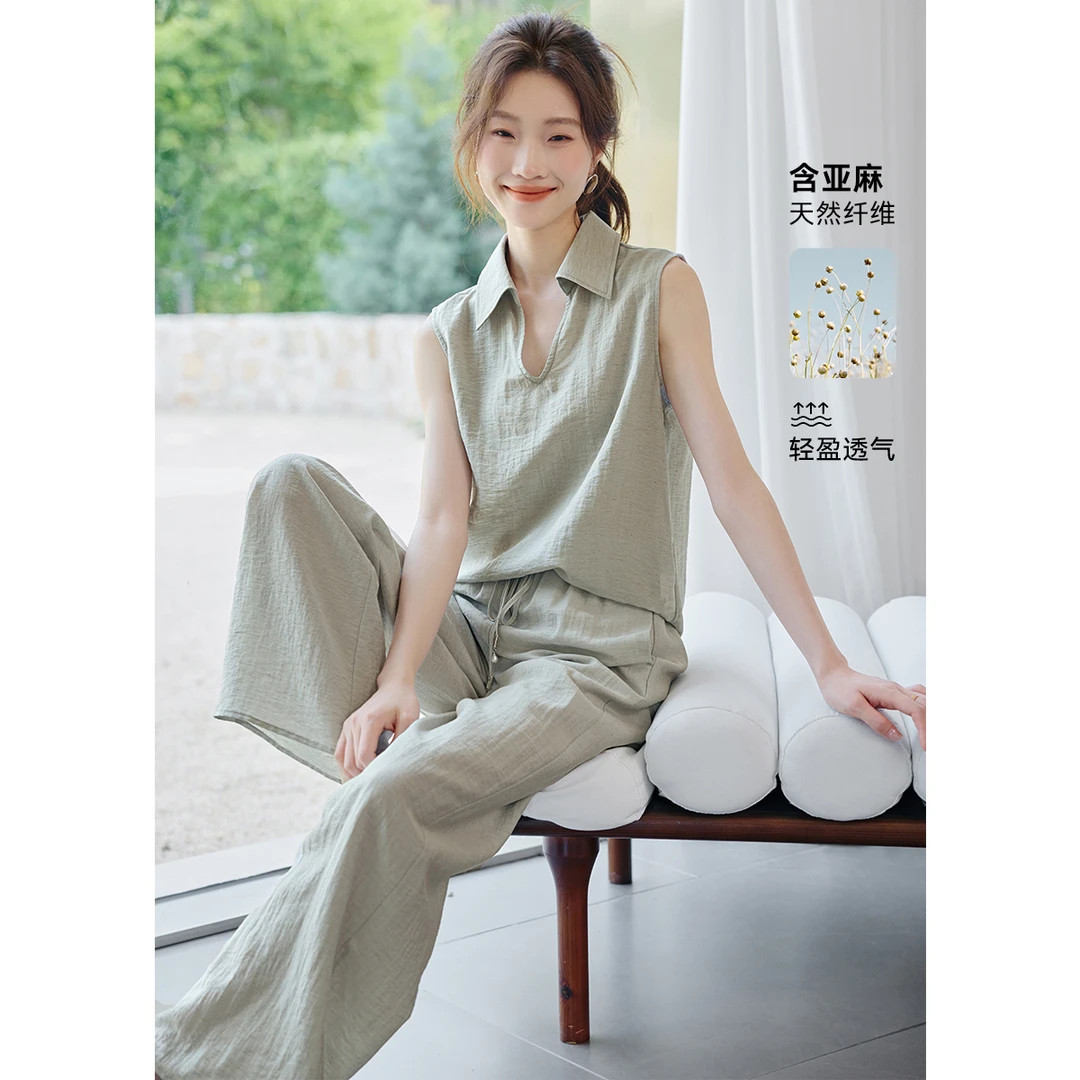 沫晗依美【高智都市】2025夏季新款套装无袖上衣衬衫阔腿长裤套装女
