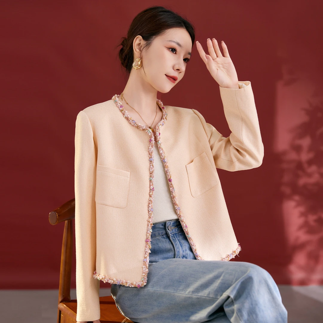 DUCURNO小香风粉色短外套女冬季2026新款休闲气质宽松百搭通勤上