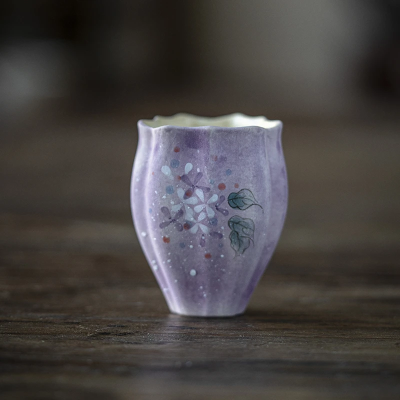 紫凝玄月葵口杯花苞茶杯葵口主人杯手绘陶瓷粉引主人杯