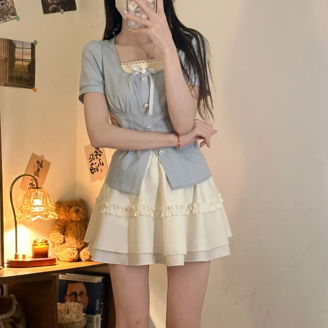 茉莉椰蓝 织物猪原创 白月光甜美学院风蓬蓬裙收腰显瘦JK制服