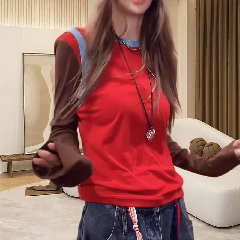 美式拼色圆领长袖T恤女松弛感慵懒风潮流时尚复古休闲打底衫上衣