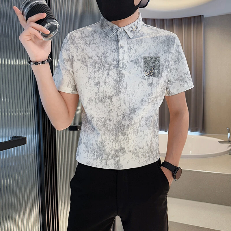 男士时尚休闲夏季半袖潮流修身韩版星空扎染短袖T恤翻领Polo衫