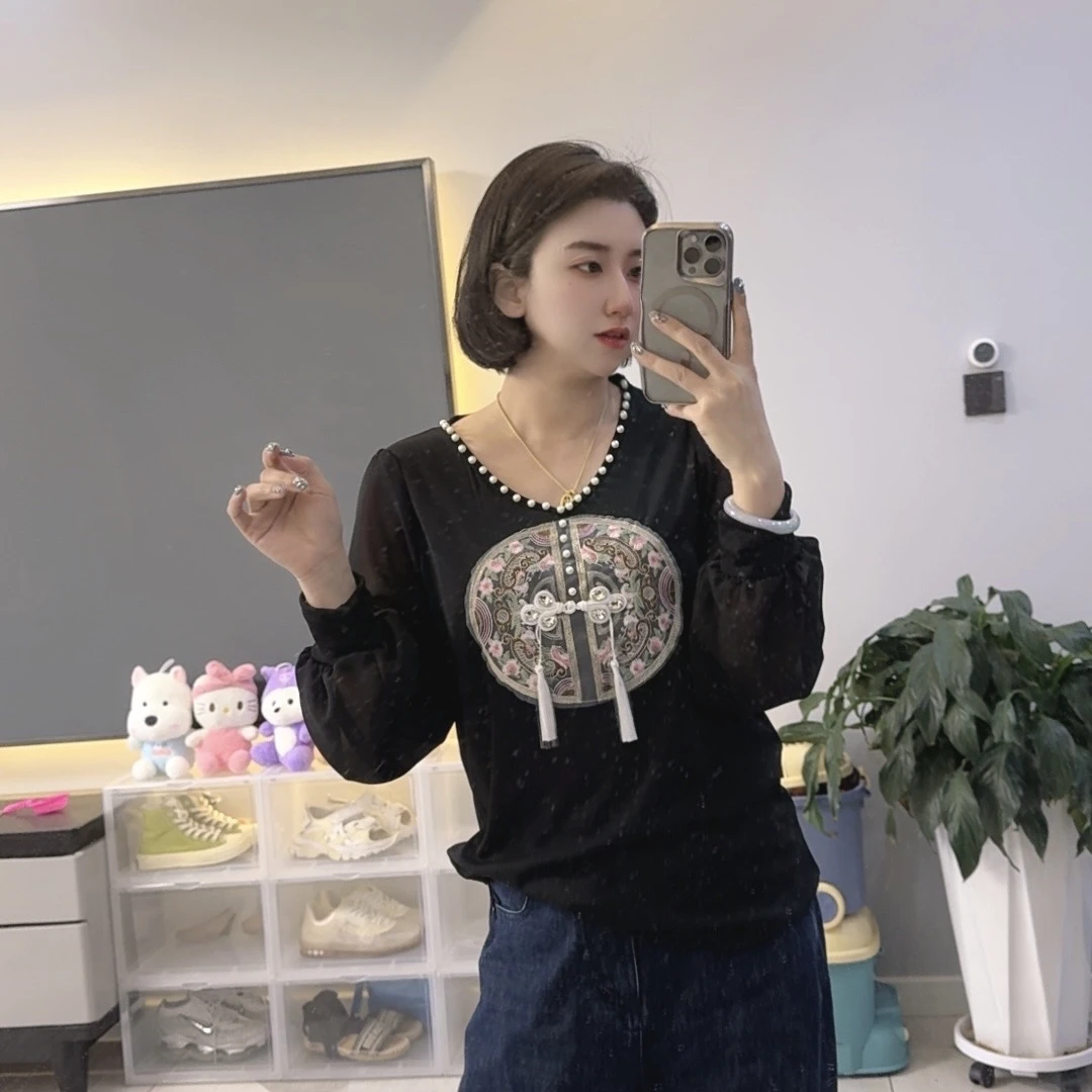 878刺绣国风上衣重工拼接钉珠设计感流苏遮肉显瘦高级钉钻打底