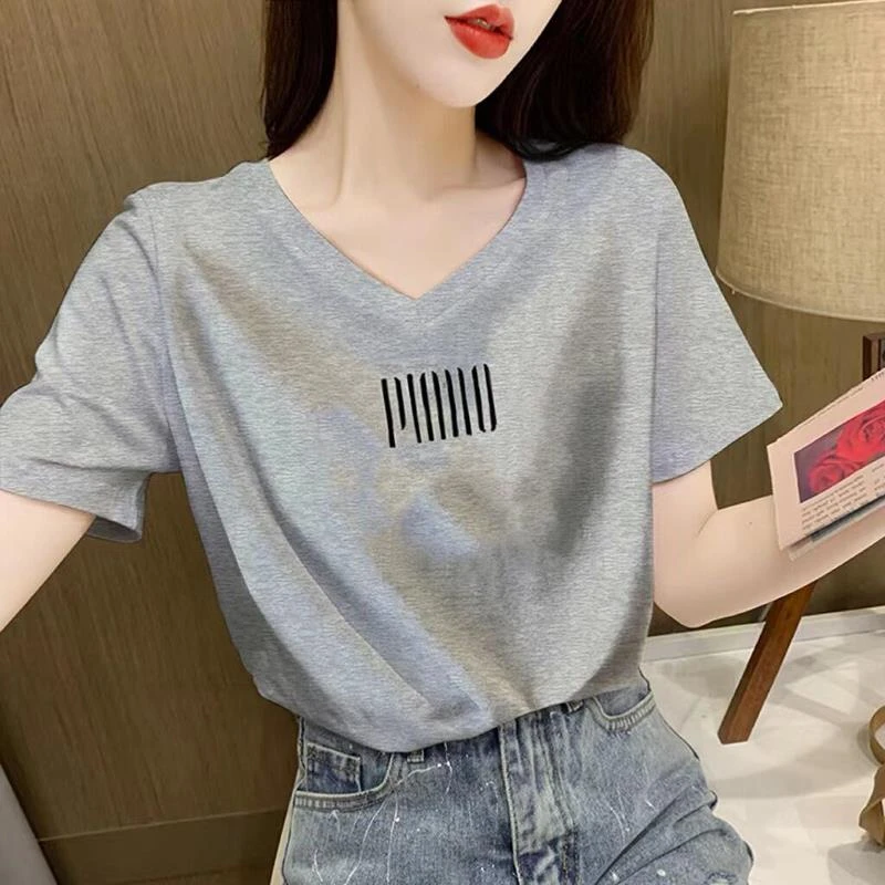 法乐琪欧洲站2025夏季女灰色短袖t恤洋气减龄半袖体恤衫正肩上衣