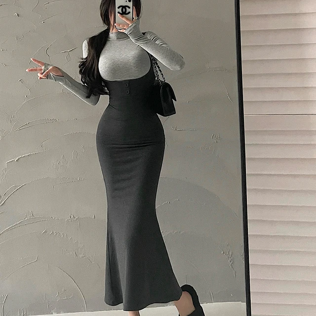 YoungGirlDay纯欲性感紧身小高领长袖T恤包臀鱼尾背带连衣裙套装