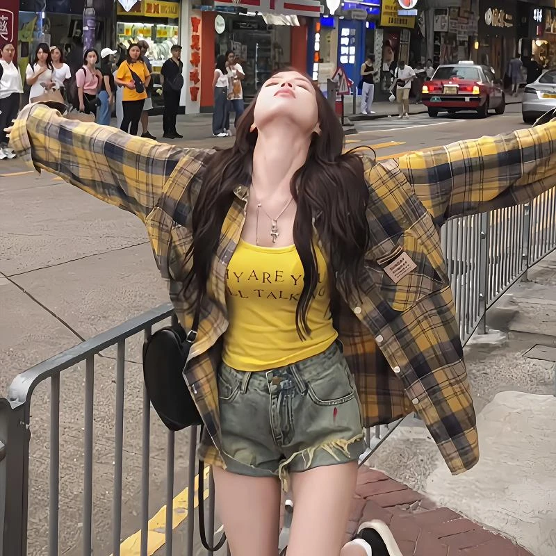 黄色格子长袖衬衫外套女2025春季慵懒风美式复古宽松防晒薄款衬衣