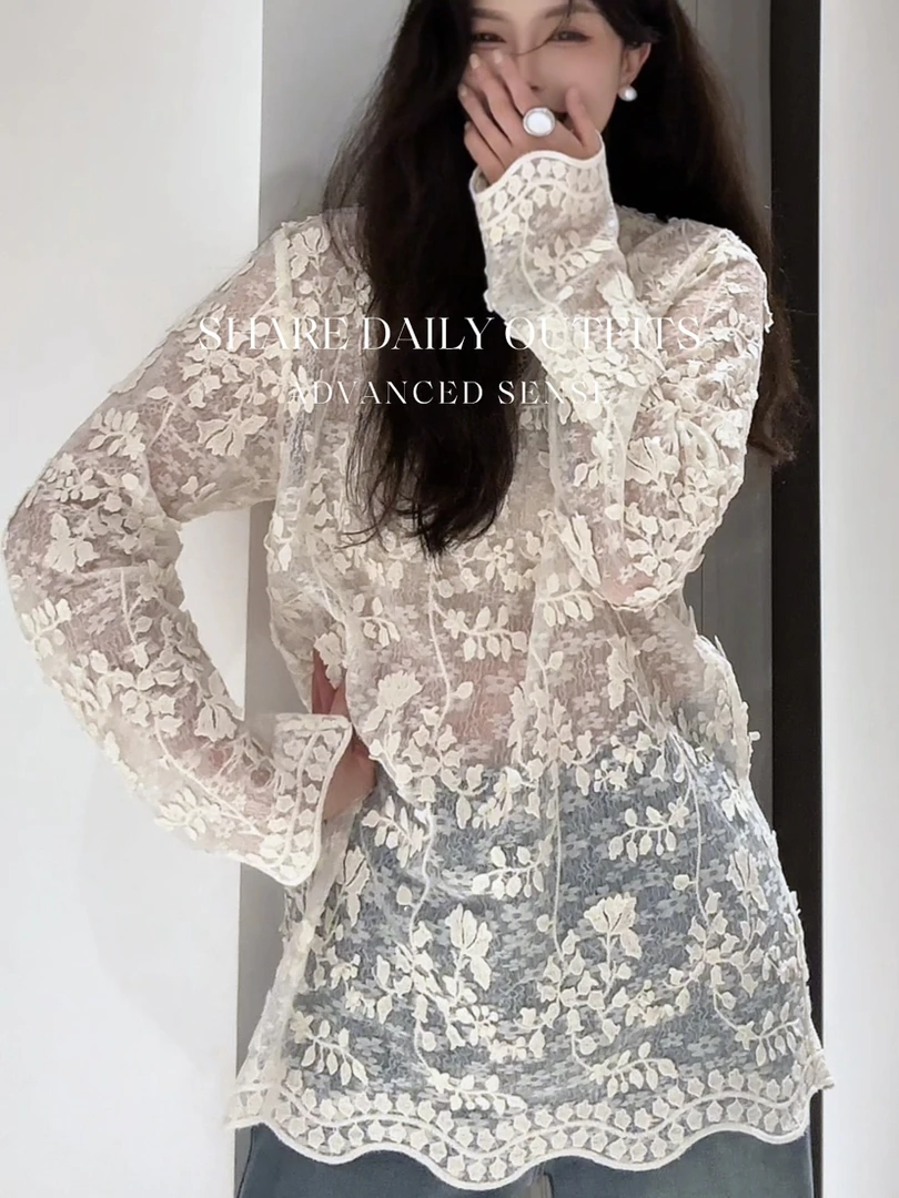 高温妮【春意蕾丝】重工蕾丝气质镂空仙气朦胧感上衣 5e32253
